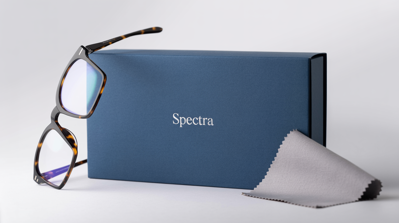 A luxurious navy blue glasses packaging box with the word 'SPECTRA' in silver foil, shown slightly open with a pair of tortoiseshell glasses and a cleaning cloth, against a white background.