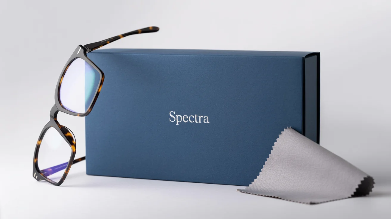 A luxurious navy blue glasses packaging box with the word 'SPECTRA' in silver foil, shown slightly open with a pair of tortoiseshell glasses and a cleaning cloth, against a white background.
