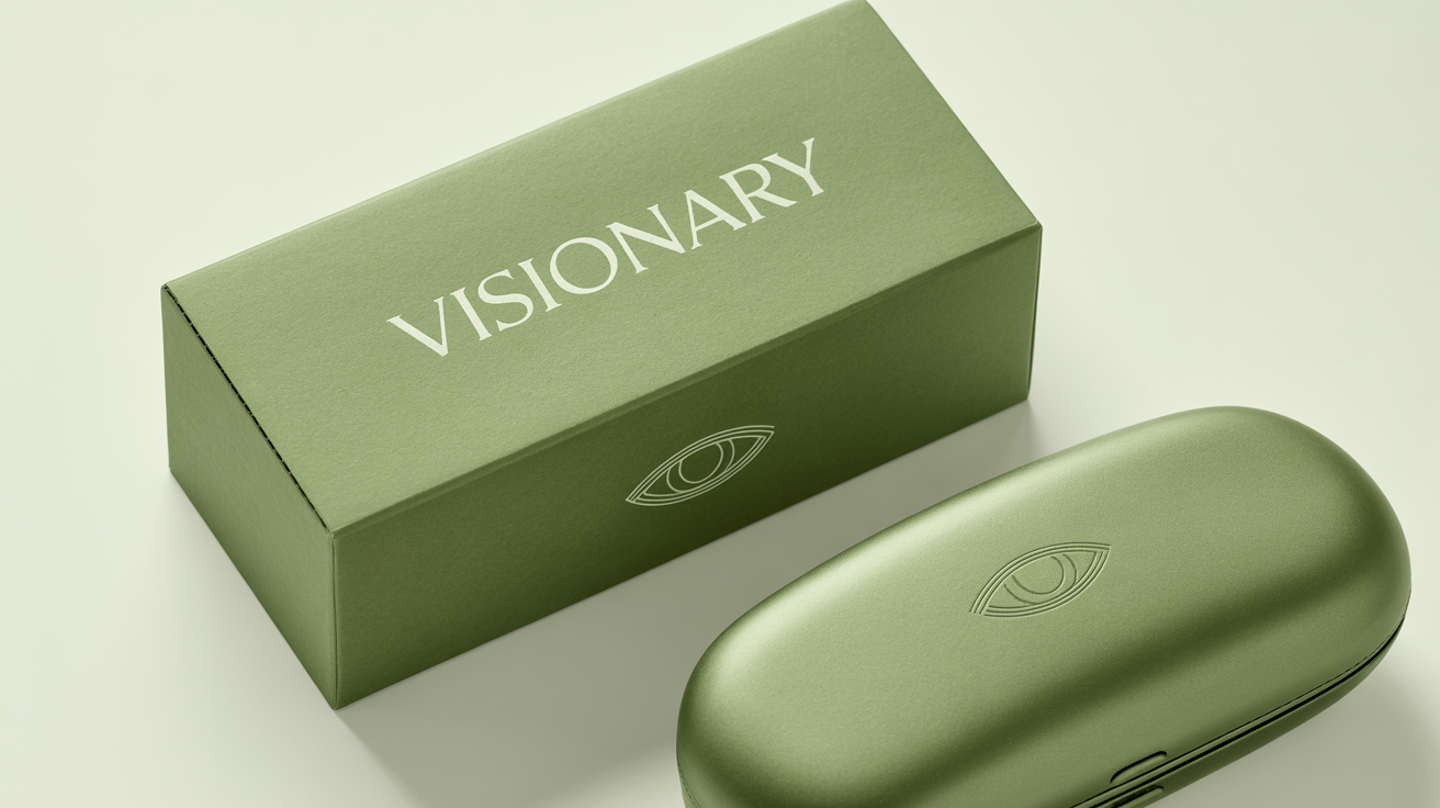 A mockup of a modern, sage green glasses packaging box and case for the fictional brand 'VISIONARY', displayed against a clean white background.