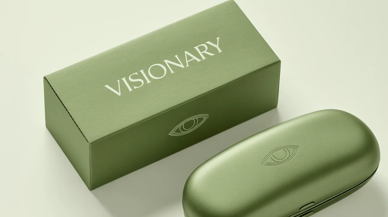 A mockup of a modern, sage green glasses packaging box and case for the fictional brand 'VISIONARY', displayed against a clean white background.