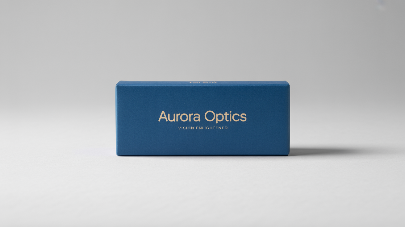 A luxurious navy blue glasses packaging box with the brand 'AURORA OPTICS' in gold foil, displayed on a clean white background in a professional product shot.