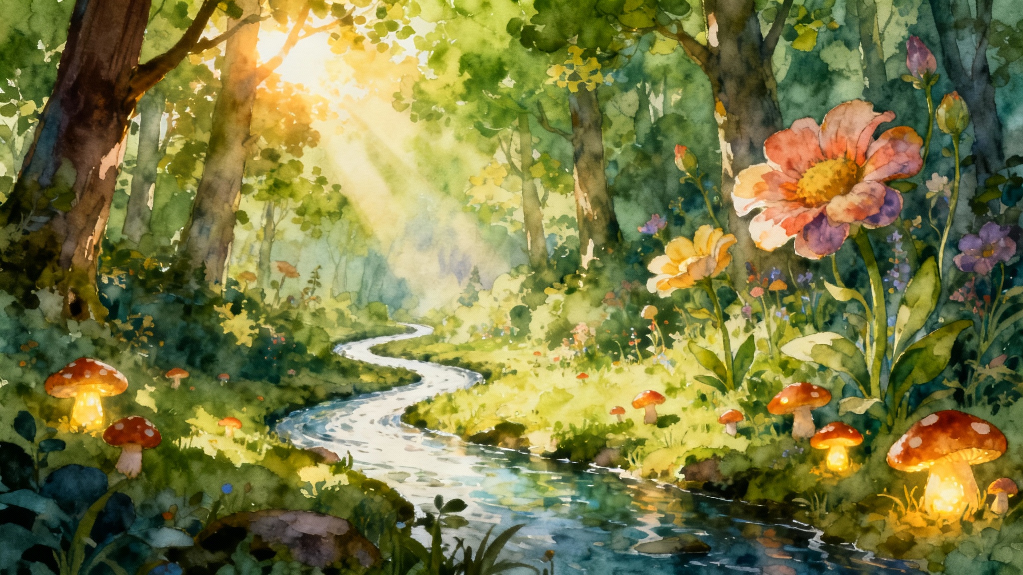 An enchanting background illustration for a children's book, showing a magical forest with a winding stream, large flowers, and glowing mushrooms, in a colorful storybook art style.