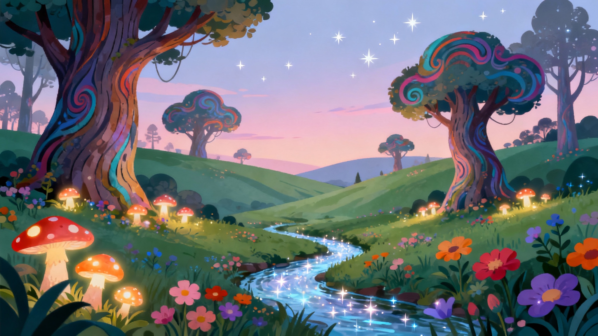 A whimsical children's book illustration of a magical, enchanted forest at twilight, featuring colorful trees, glowing mushrooms, and a sparkling stream under a pastel sky.