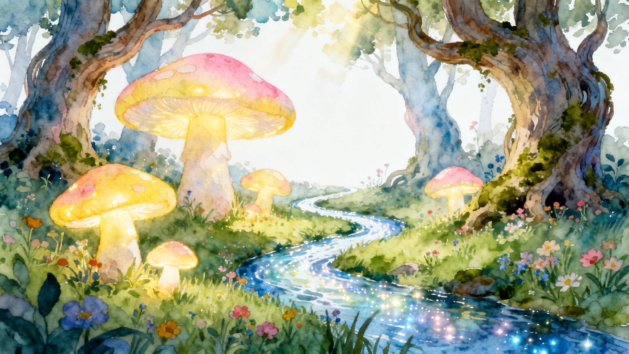 An enchanting children's book background illustration of a magical forest in a whimsical watercolor style, featuring glowing mushrooms and a sparkling stream, set against a white background.