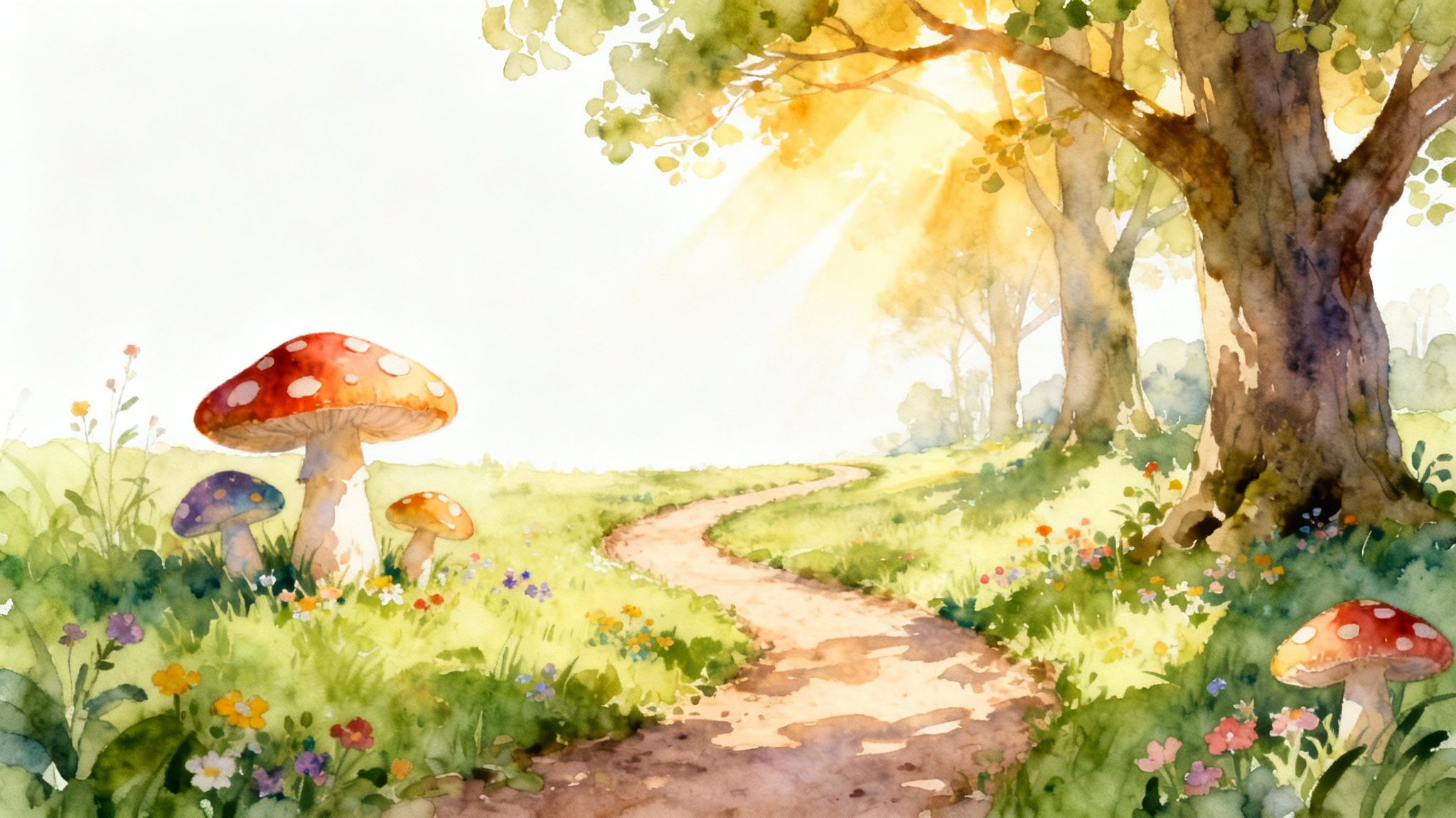 A whimsical children's book background illustration in a soft watercolor style, showing a magical forest clearing with a winding path, oversized mushrooms, and sunbeams filtering through the trees, presented on a white background.