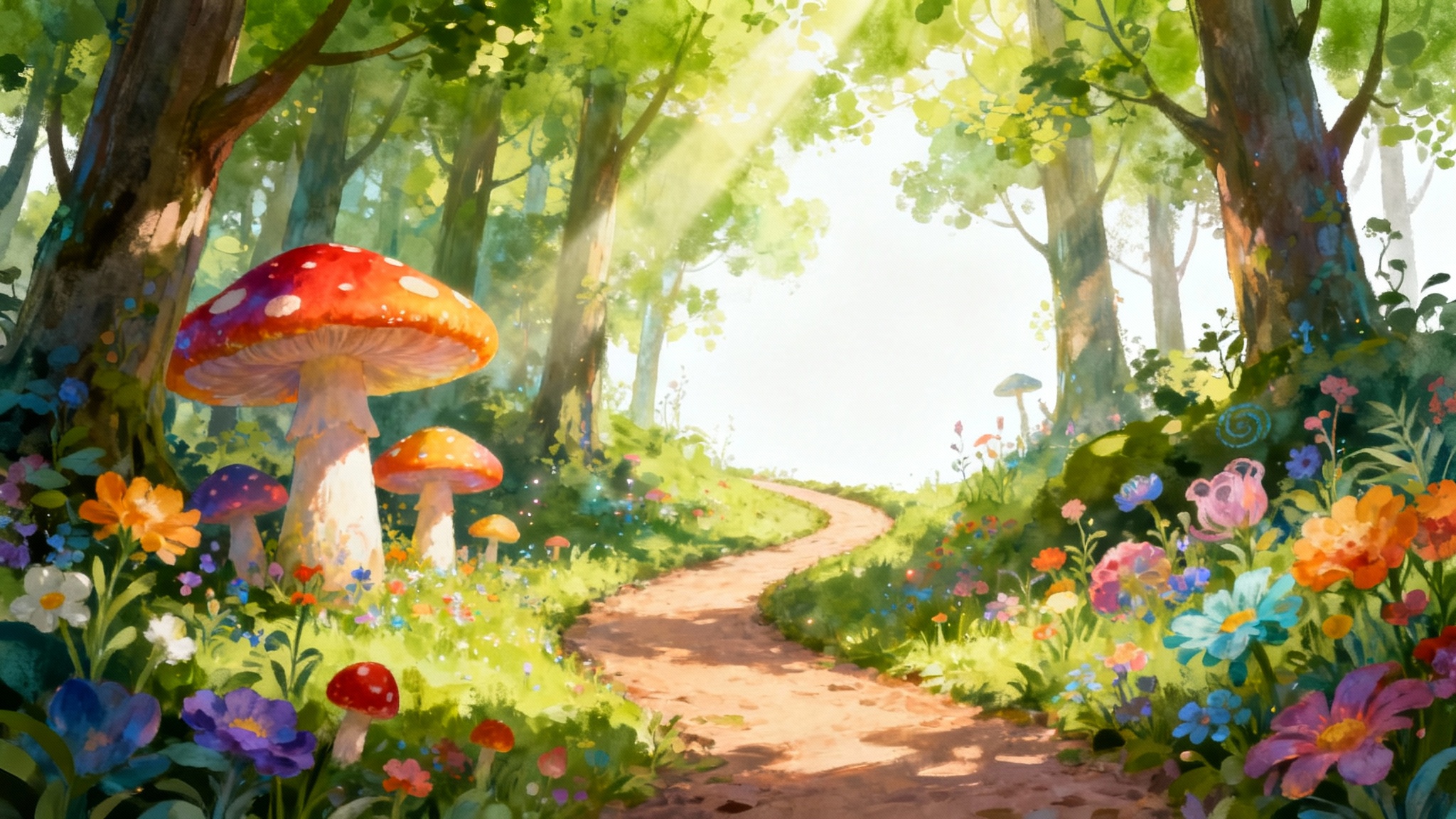 A whimsical children's book illustration showing a background of an enchanted forest. A path winds through tall trees and past colorful mushrooms, with soft sunlight filtering through the leaves.