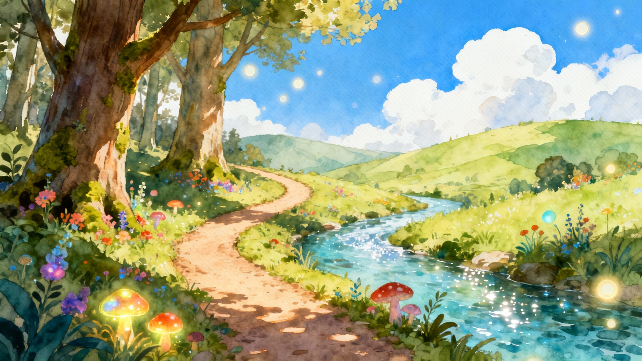 An enchanting children's book illustration of a magical forest background, featuring a winding path, a sparkling stream, and vibrant flora under a sunny sky, presented against a white background.