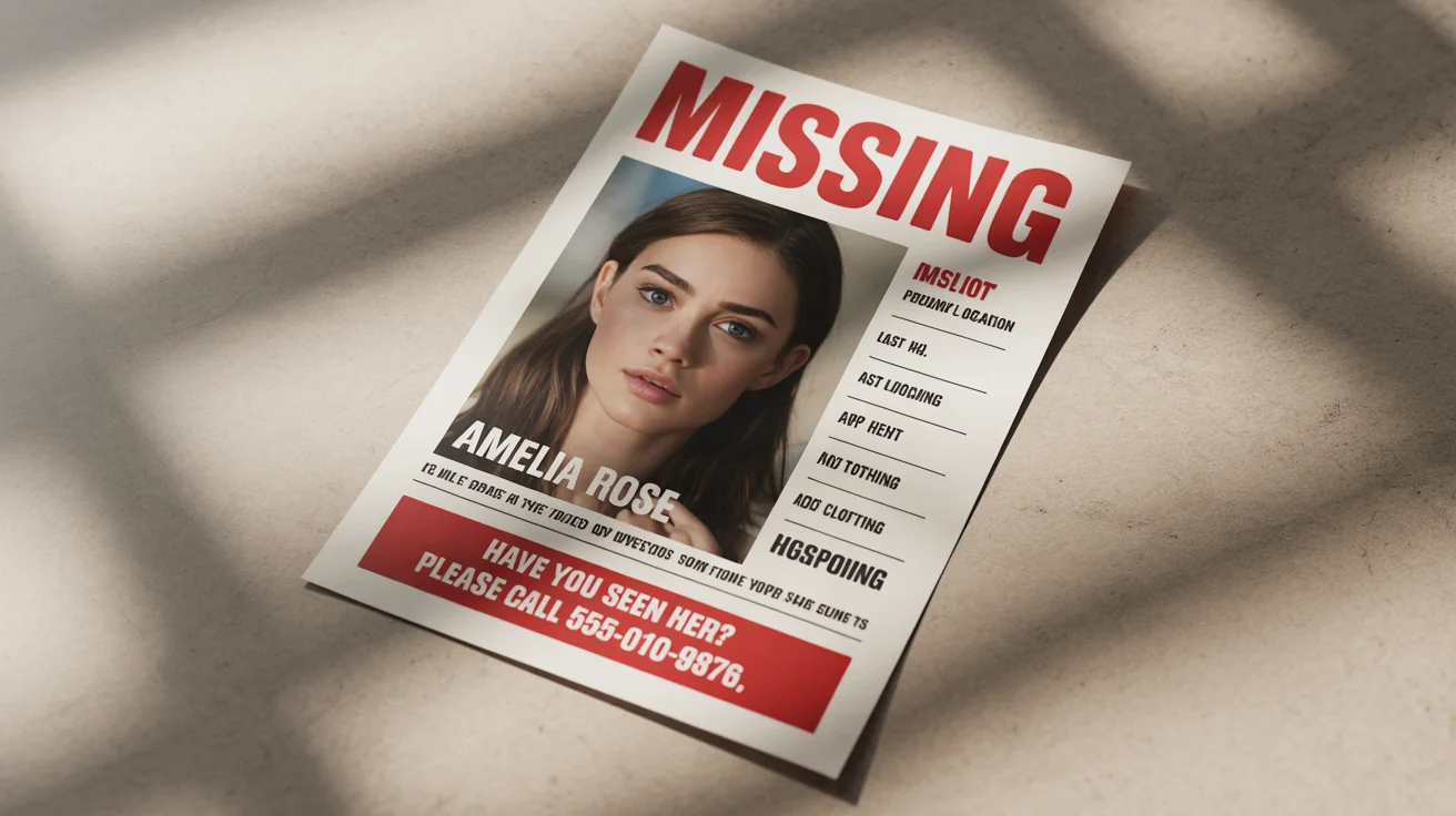 A professionally designed missing person flyer for a fictional person named Amelia Rose, shown as a final output from a design template on a clean background.