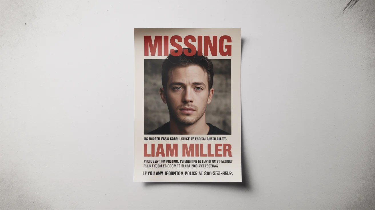 A mockup of a missing person flyer for a fictional person named Liam Miller, shown on a white background. The flyer includes a photo, physical description, last seen details, and a contact number for information.