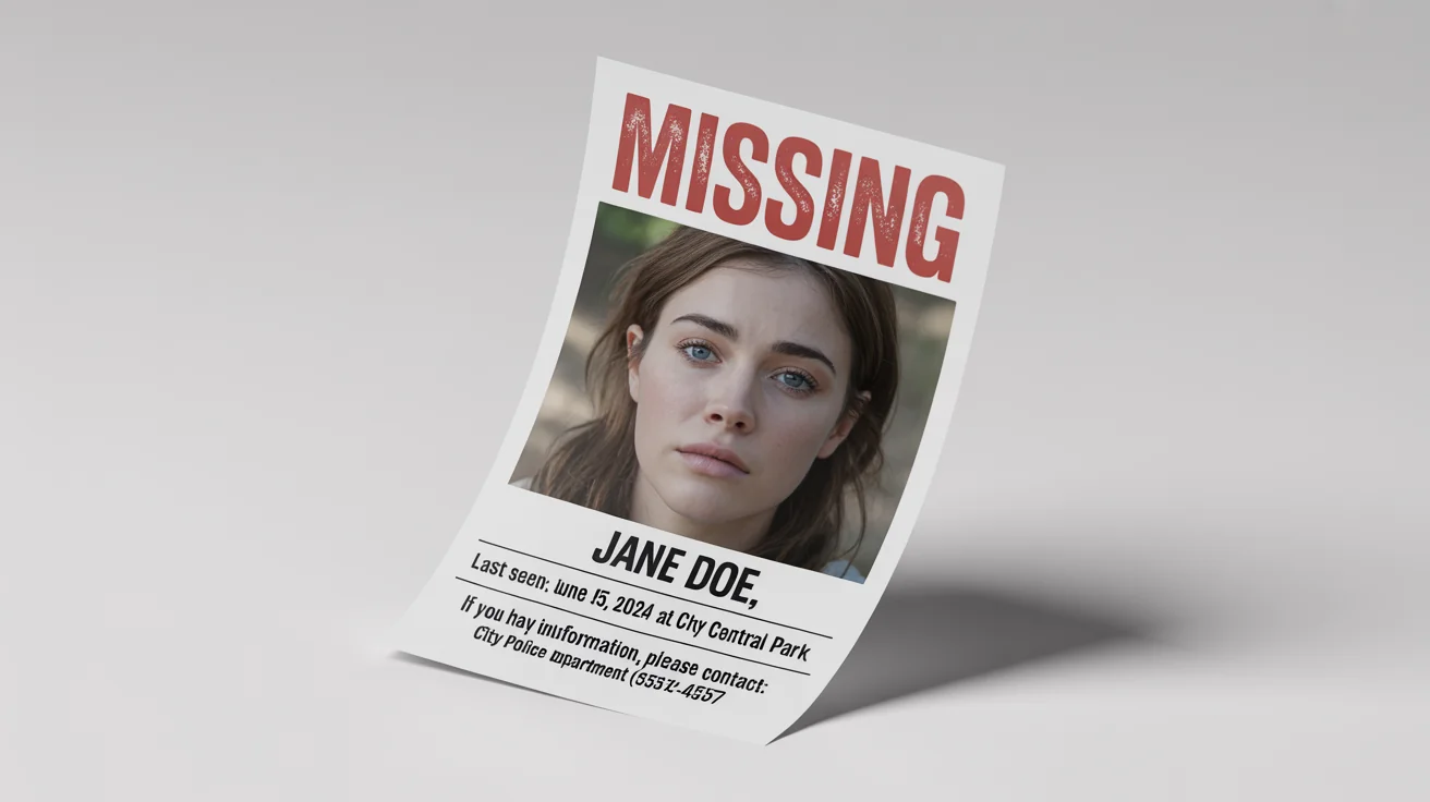 A mockup of a missing person flyer for a fictional individual named Jane Doe, featuring her photo and contact information, set against a plain white background.
