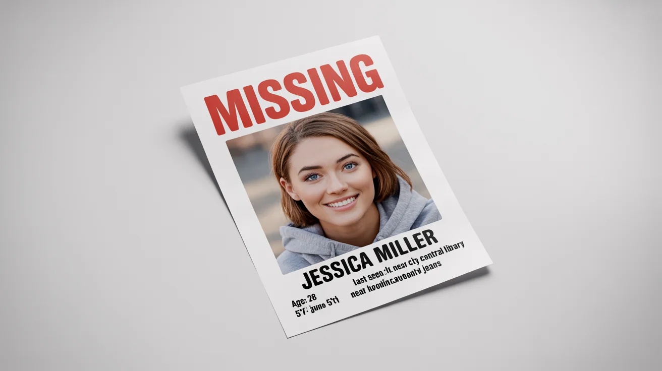 A mockup of a missing person flyer for a fictional person named Jessica Miller, showing her photo, description, and contact information against a plain white background.