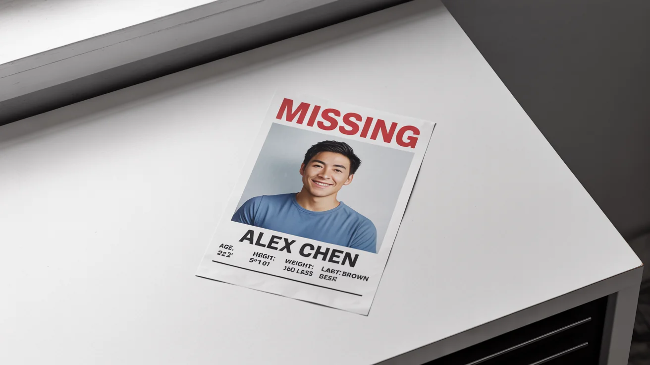 A realistic mockup of a missing person flyer for a young man named 'Alex Chen', including his photo, physical description, and last known location, with a contact number for the police.