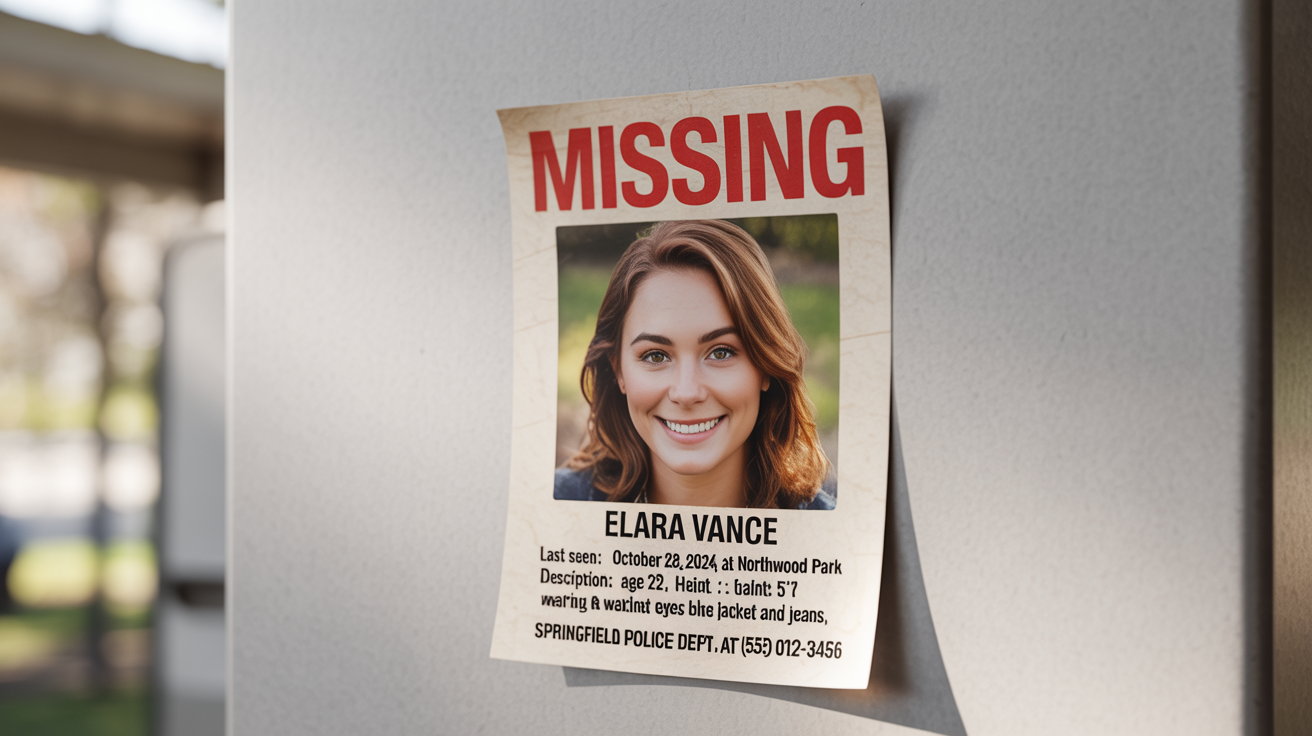 A mockup of a missing person flyer for a fictional person named 'Elara Vance', showing her picture and details against a white background.