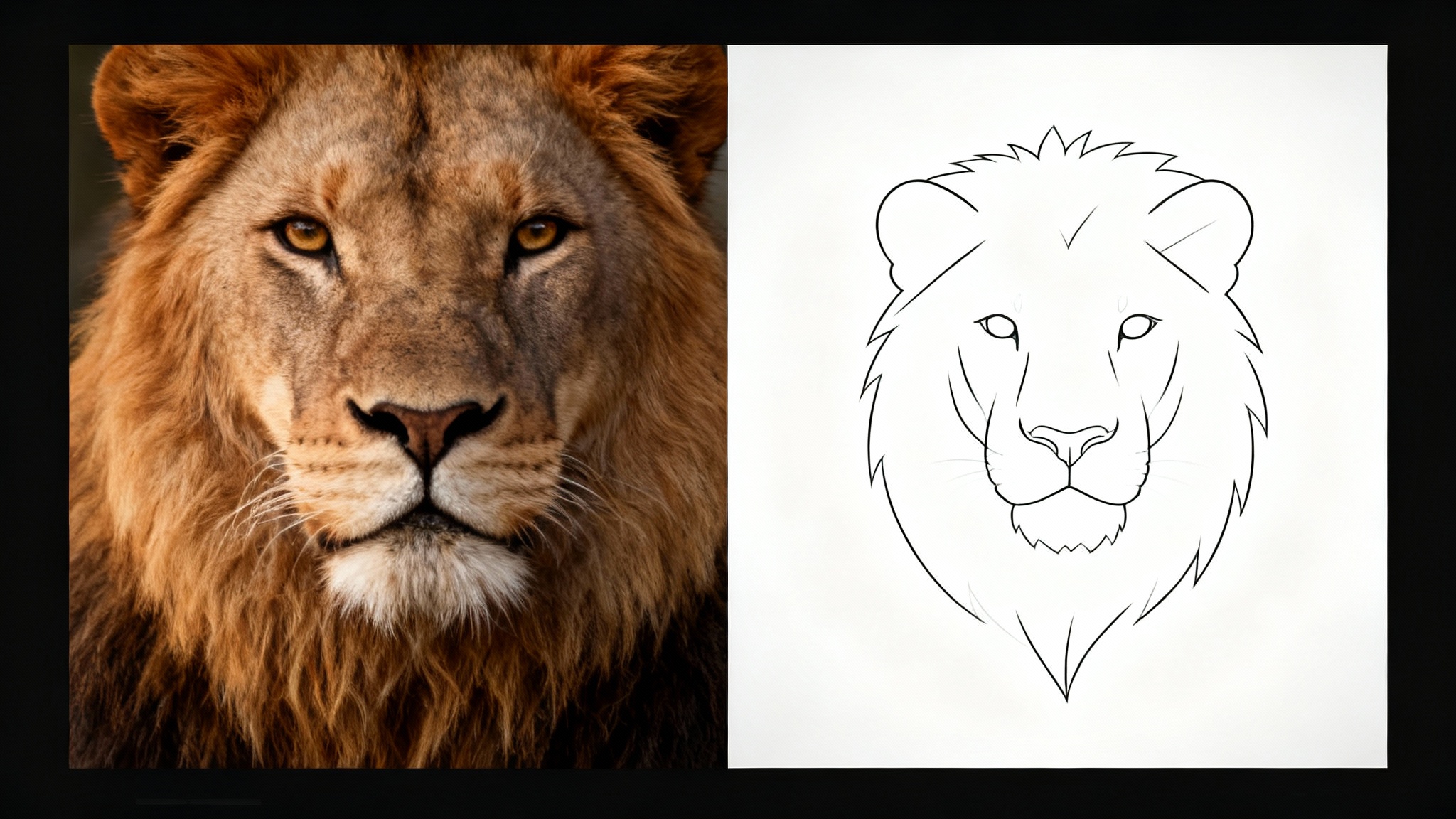 A striking before-and-after hero image showing a tool's ability to convert photos to outlines. The left side features a realistic color photo of a lion's head, while the right side displays a clean, black and white outline version of the same lion.