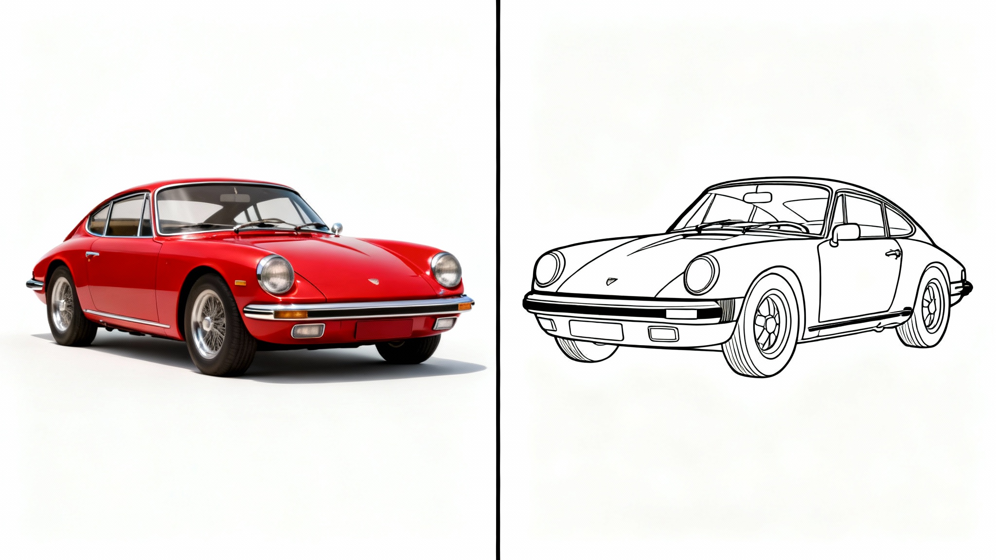 A before-and-after image showing a photorealistic red sports car on the left and its black-and-white outline version on the right, against a white background.