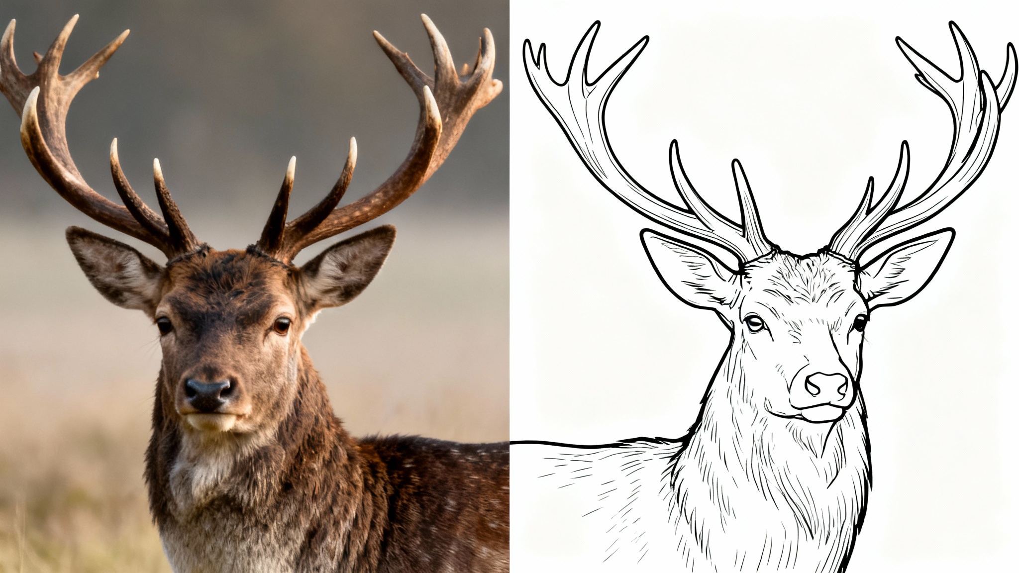 A conceptual image showing a stag half in photorealistic detail and half as a clean black outline, demonstrating the 'convert to outline' feature.