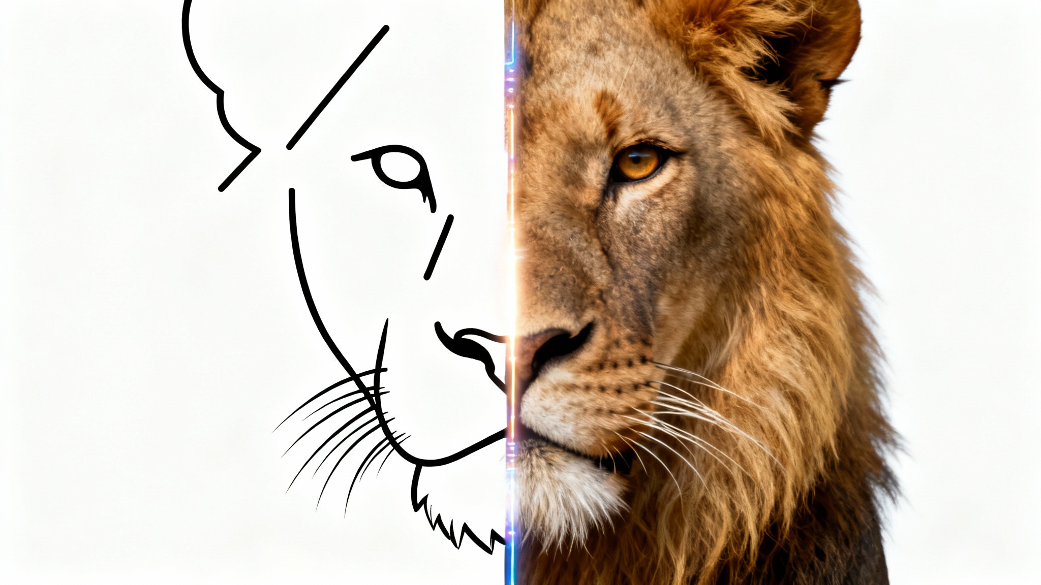 A mockup image showing a lion's head, half of which is a photorealistic image and the other half is a simple black outline, representing a conversion process.