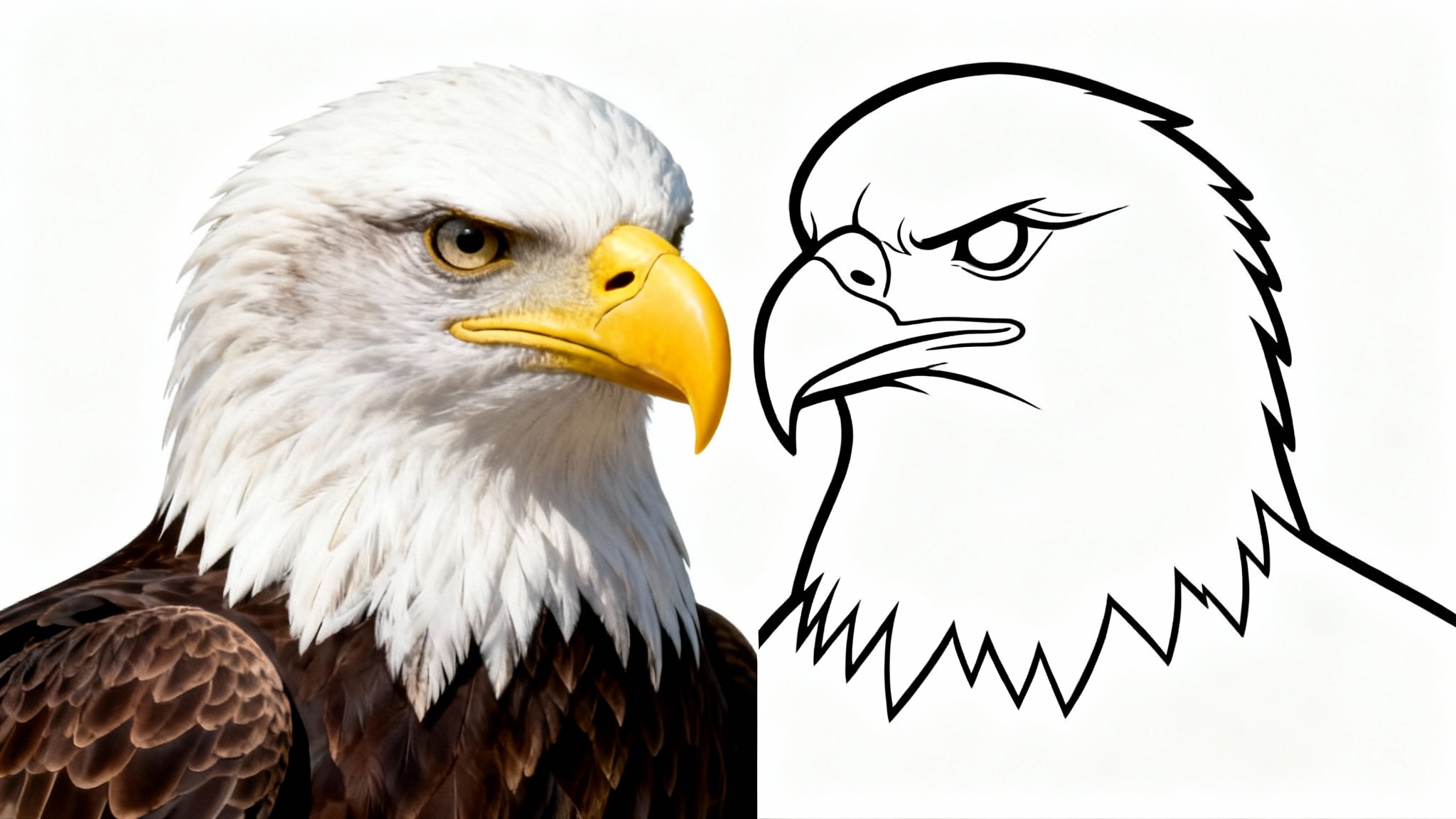 An image of an eagle's head split down the middle. The left side is photorealistic and colored, while the right side is a simple black outline, demonstrating the concept of converting an image to an outline.