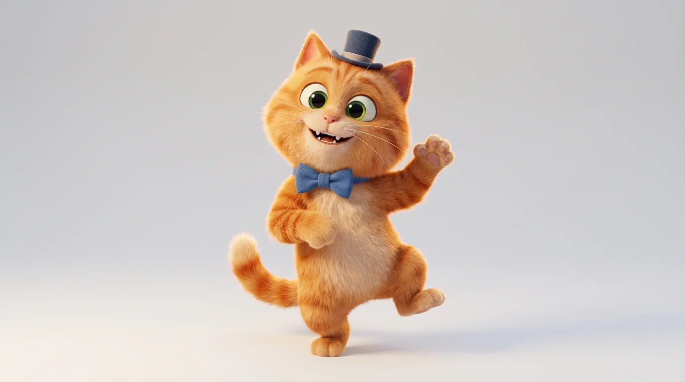A professional 3D-rendered character of a cute orange tabby cat standing on its hind legs. The cat wears a blue bowtie and a small top hat, has large green eyes, and is set against a clean studio background.
