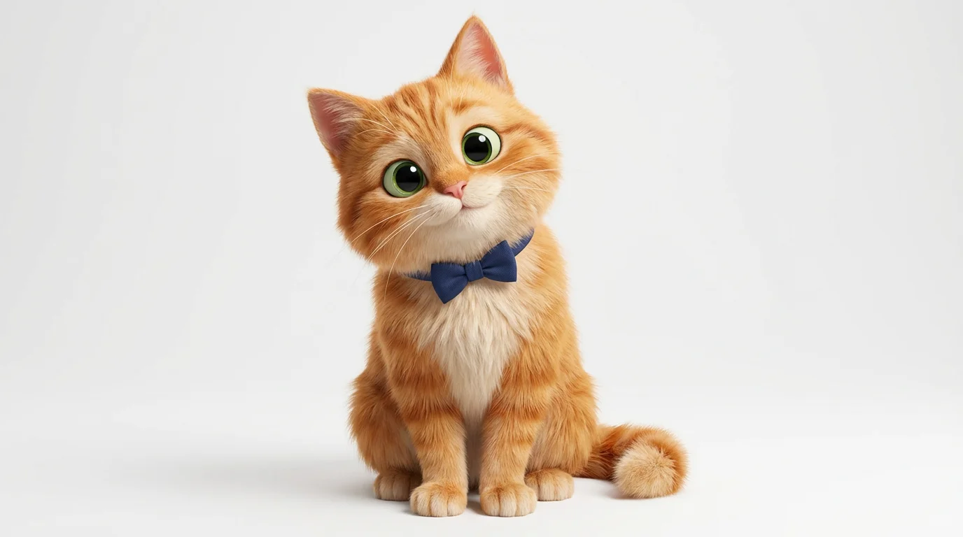 A 3D animated character of a cute ginger cat with green eyes, wearing a blue bow tie and looking at the camera, on a white background.