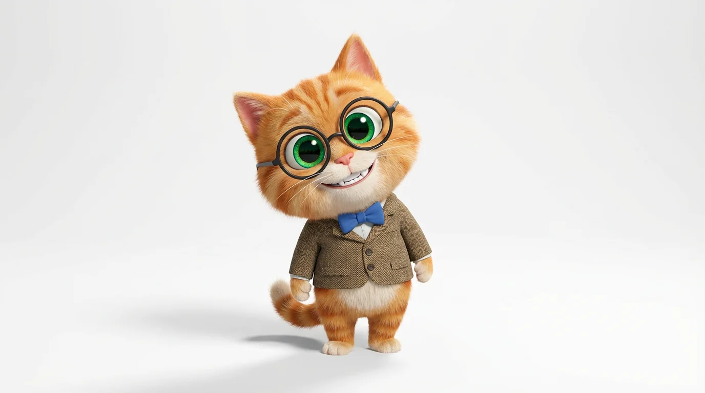 A 3D character design of a cute, anthropomorphic ginger tabby cat wearing glasses and a blue bowtie, standing on a clean white background.