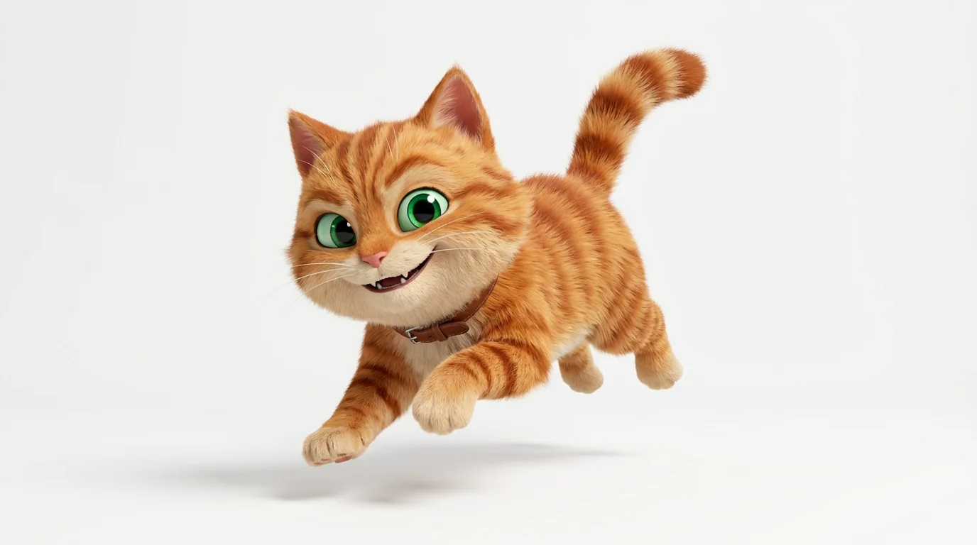 A 3D animated character of a cute ginger tabby cat with big green eyes, playfully pouncing against a white background.