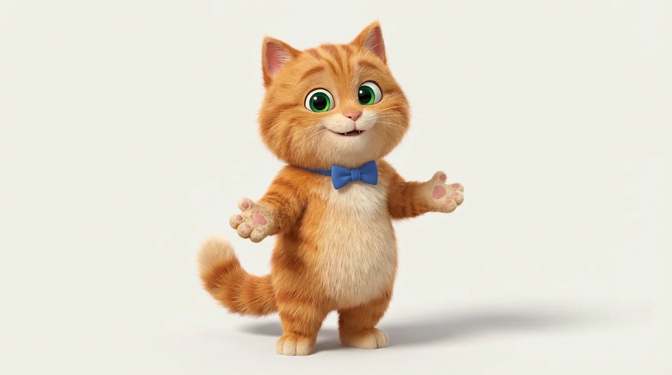 A 3D character render of a friendly, fluffy ginger cat with green eyes and a blue bowtie, standing against a plain white background in a style similar to modern animation.