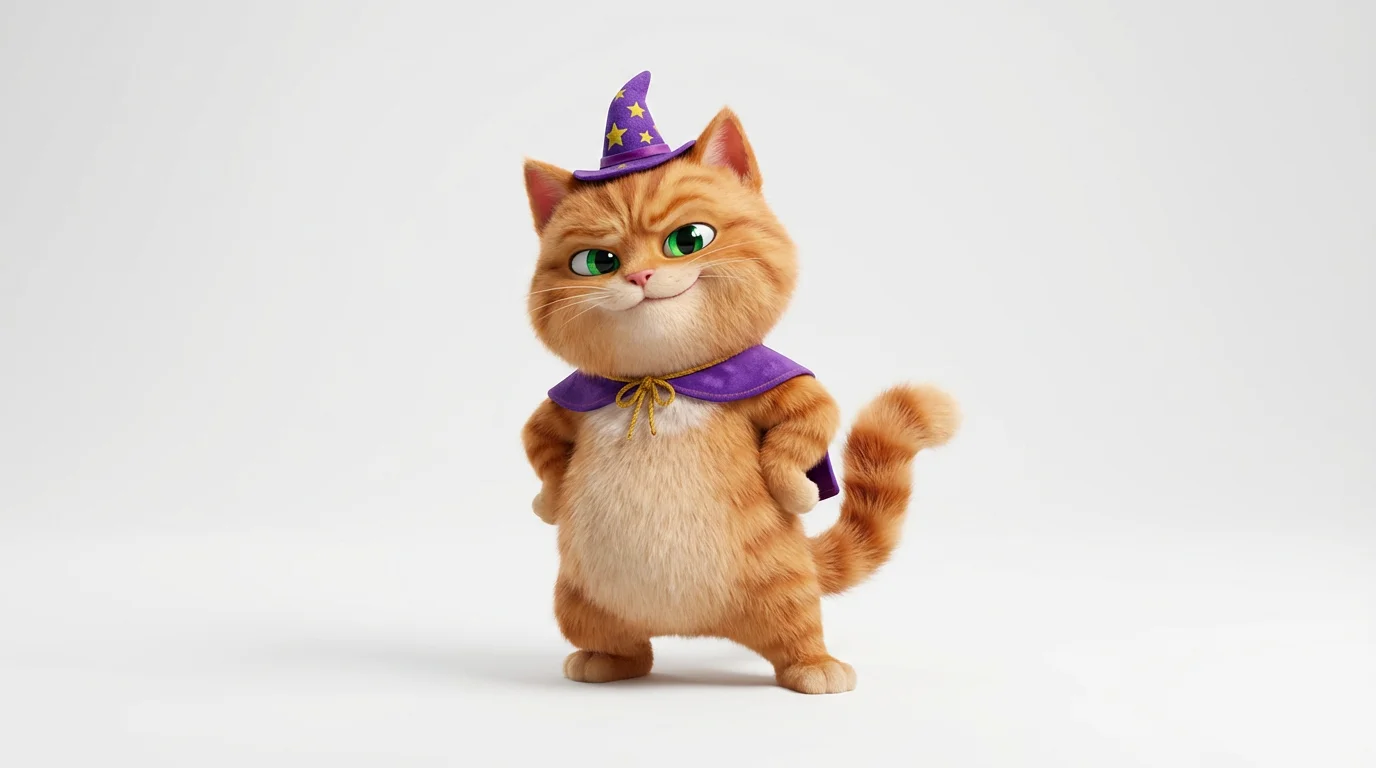 A 3D animated ginger cat character wearing a purple wizard's hat and cape, standing confidently against a solid white background.