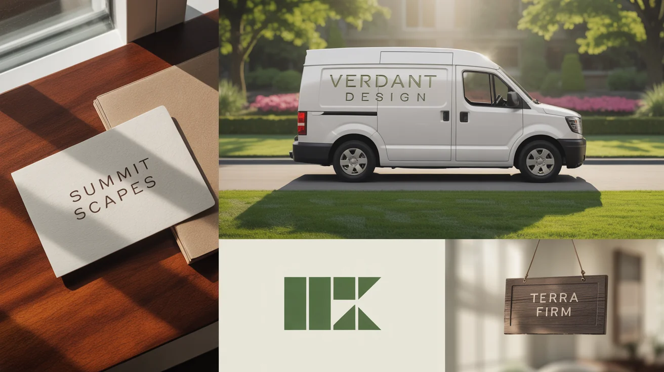 A collection of professionally designed landscaping logos for companies like 'Summit Scapes' and 'Verdant Design', mocked up on a business card, a work van, and a wooden sign to show the final result.