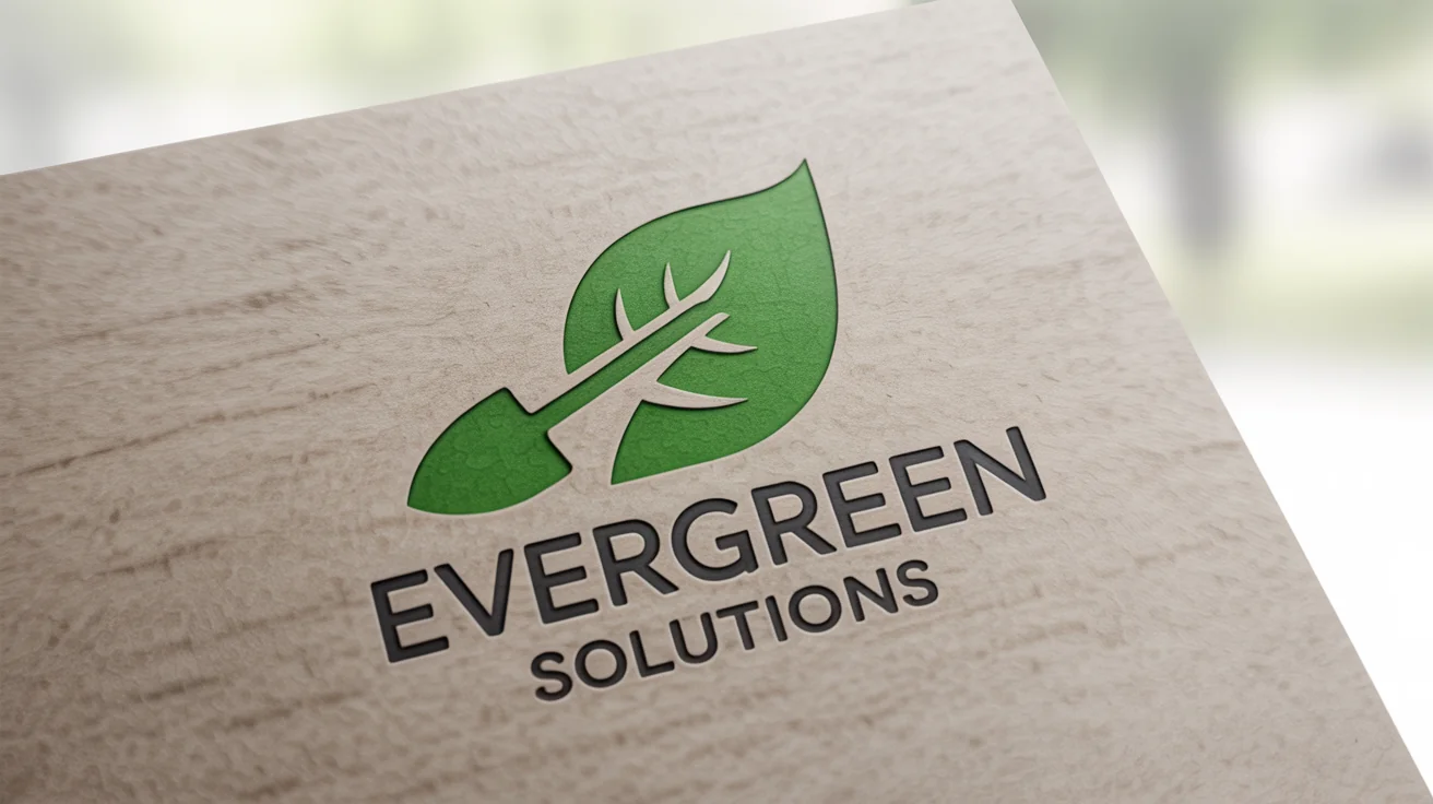 A modern, minimalist logo for the fictional landscaping company 'Evergreen Solutions', mocked up with a letterpress effect on textured, off-white cardstock against a clean white background.