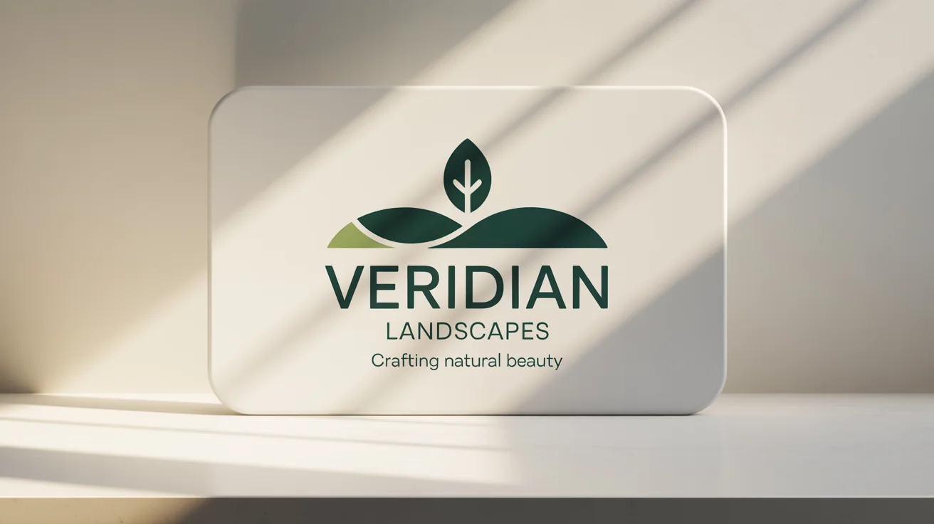 A modern, professional logo for a fictional landscaping company called 'Veridian Landscapes', featuring a stylized green leaf and hill on a clean white background.