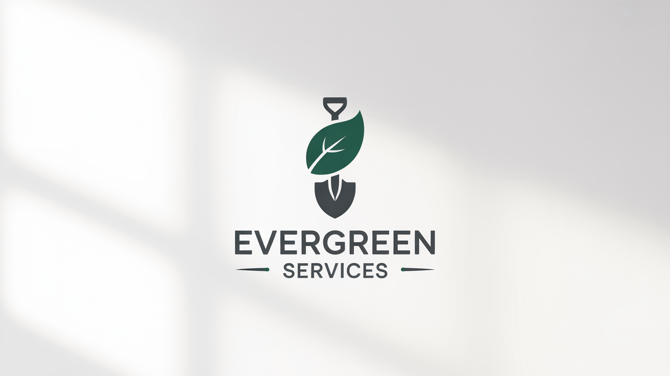 A modern minimalist logo for a landscaping company called 'Evergreen Services', featuring a stylized green leaf combined with a shovel, on a white background.