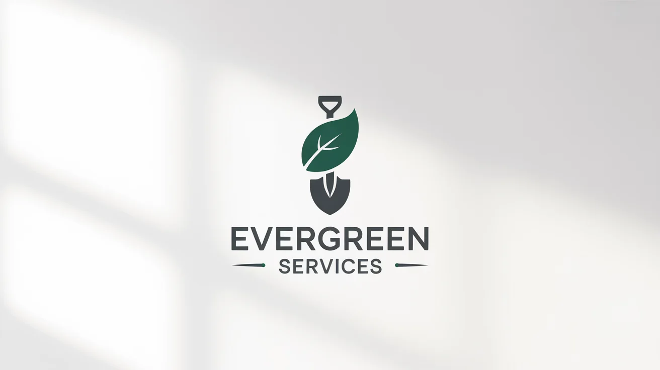 A modern minimalist logo for a landscaping company called 'Evergreen Services', featuring a stylized green leaf combined with a shovel, on a white background.