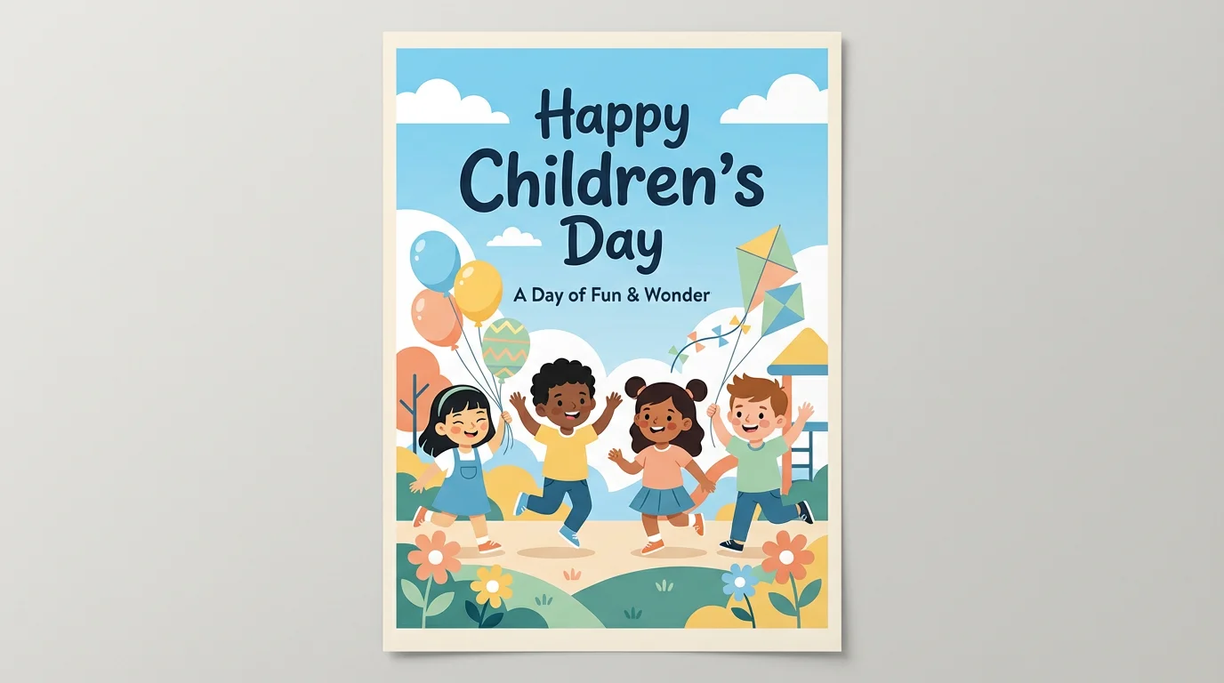 A professionally designed Children's Day poster showing a diverse group of illustrated children playing with balloons and kites in a park. The text 'Happy Children's Day' is prominently featured in a fun, modern font.