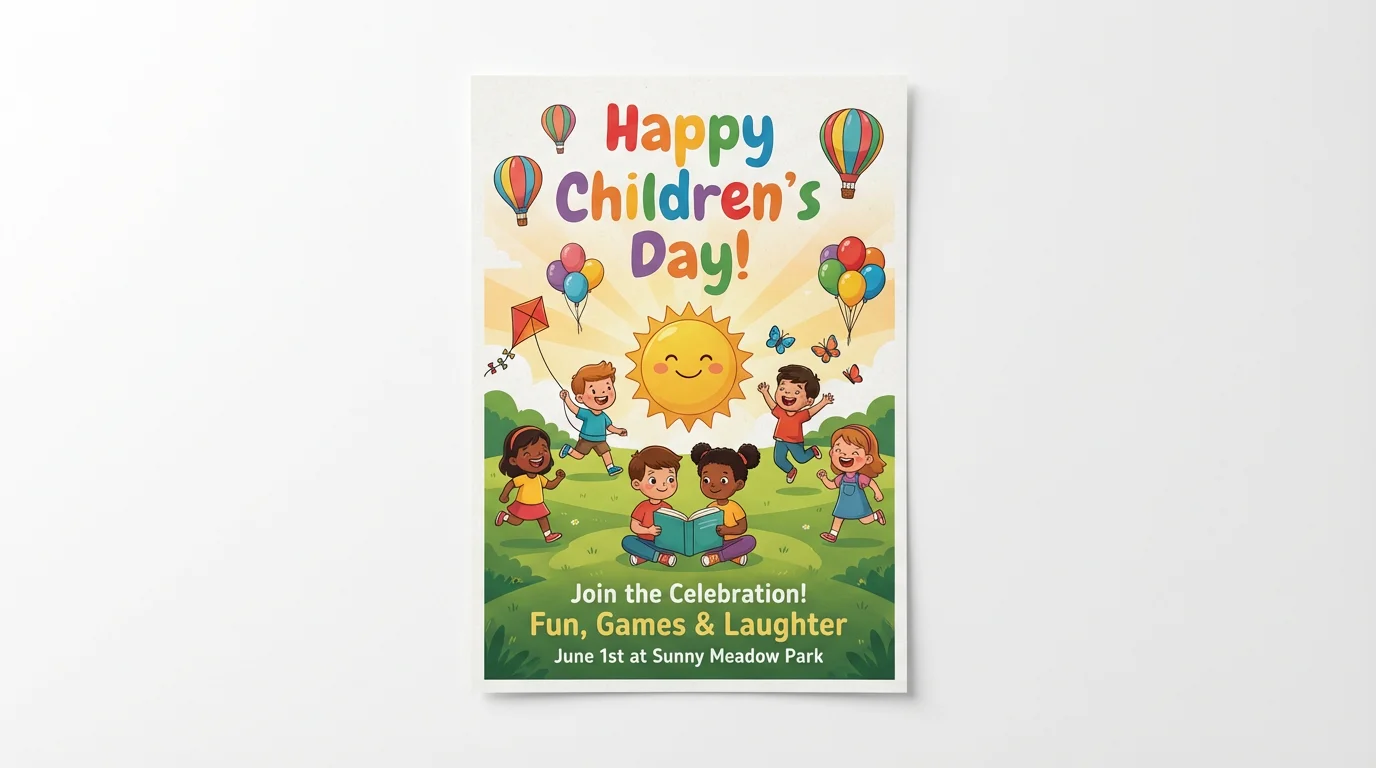 A colorful mockup of a Children's Day poster on a white background. The poster features a joyful illustration of diverse children playing on a grassy hill, with text that reads 'Happy Children's Day!' and details for a celebration.