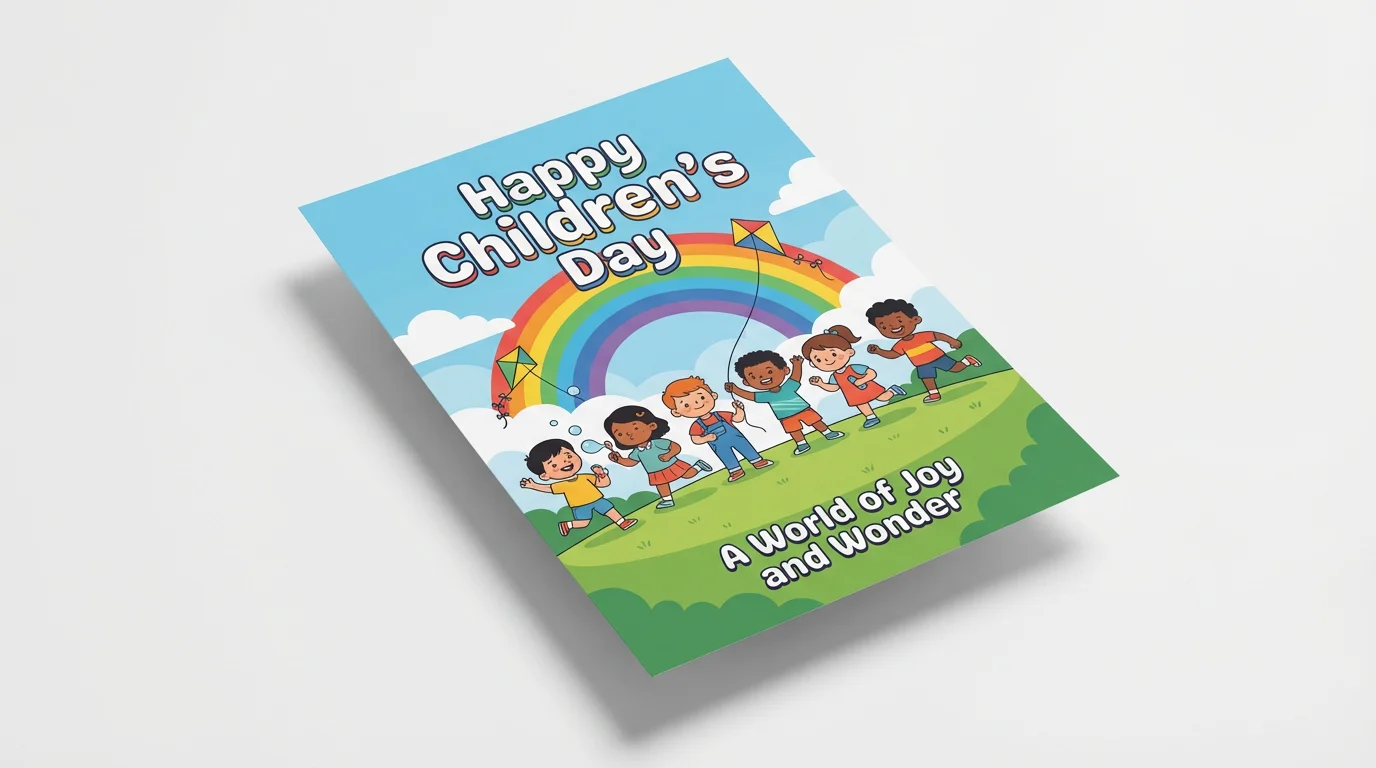 A mockup of a cheerful Children's Day poster showing a colorful cartoon illustration of diverse children playing under a rainbow, with the text 'Happy Children's Day'.