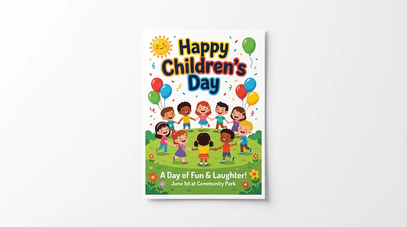 A mockup of a colorful and happy Children's Day poster on a plain white background. The poster shows cartoon children playing and has the text 'Happy Children's Day'.