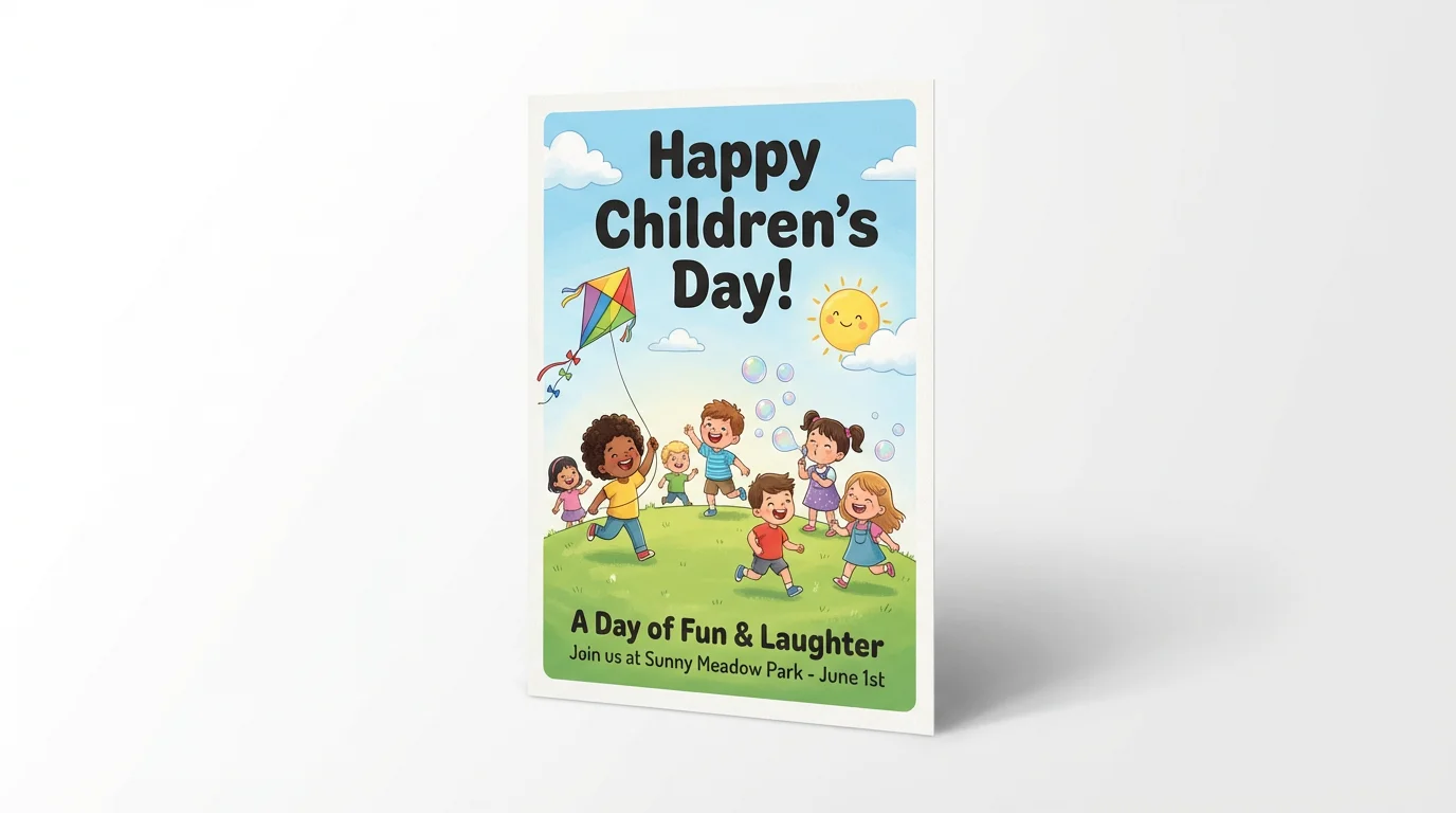 A mockup of a brightly colored poster for Children's Day, set against a white background. The poster shows an illustration of happy children playing in a park and has the text 'Happy Children's Day!' written in a fun font.