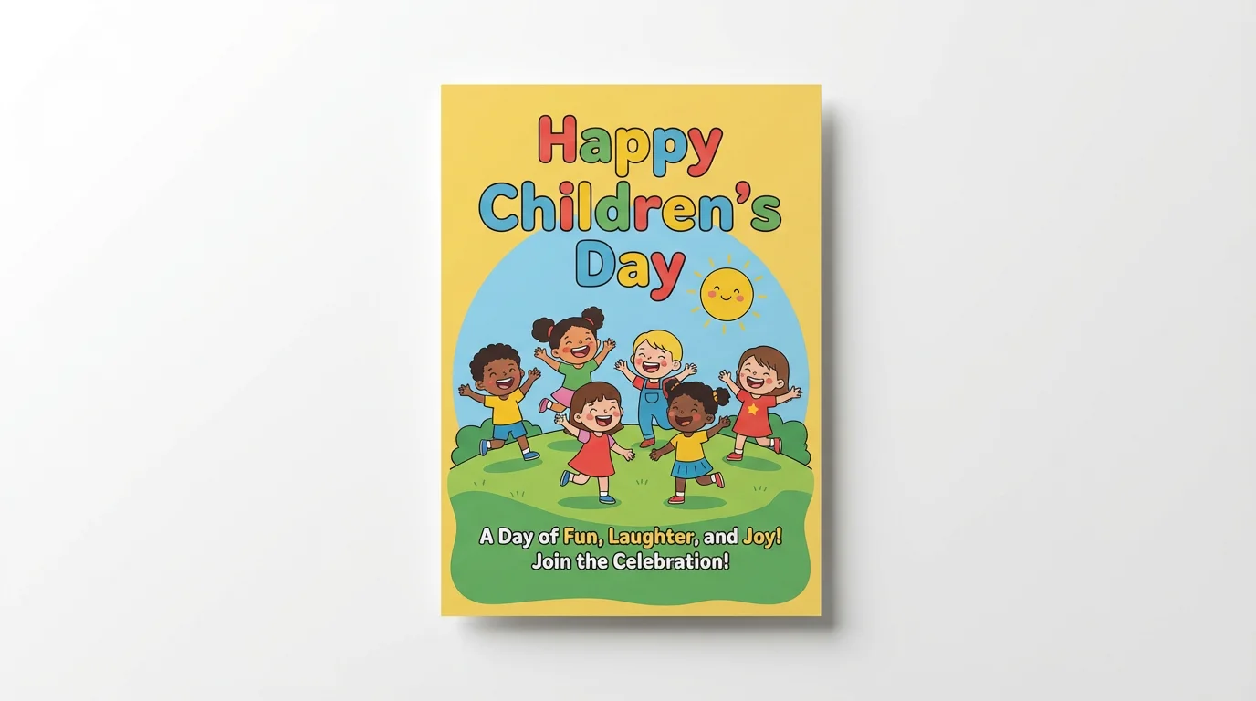 A colorful and joyful Children's Day poster mockup featuring an illustration of diverse children playing on a green hill under a smiling sun, with the text 'Happy Children's Day'.