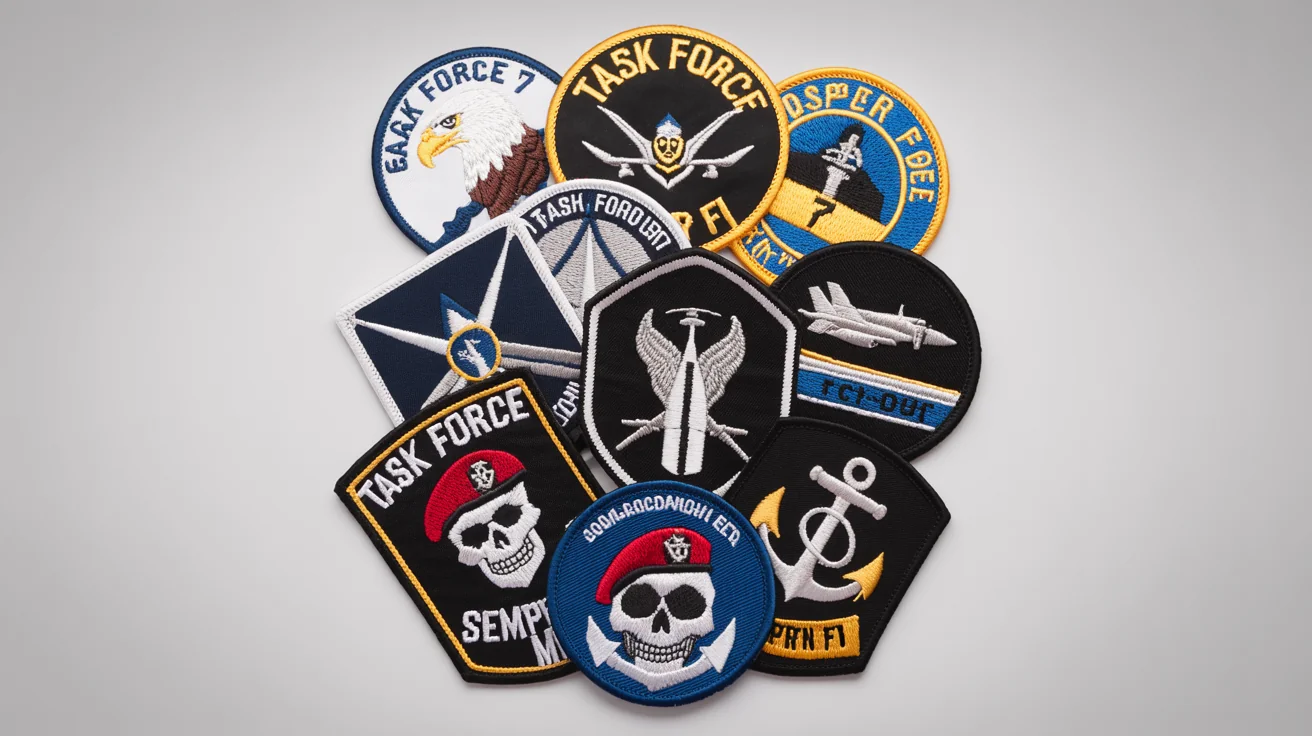A collection of custom military patches with embroidered details, featuring an eagle, a jet, and a skull, arranged in a professional flat lay on a light gray background.