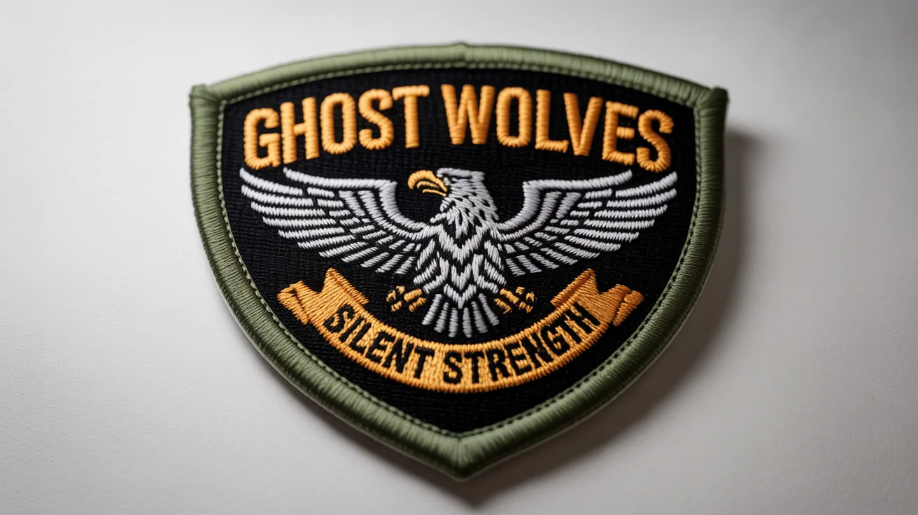 A photorealistic mockup of a custom military patch for the 'Ghost Wolves' unit, featuring a silver eagle and the motto 'Silent Strength' on a white background.