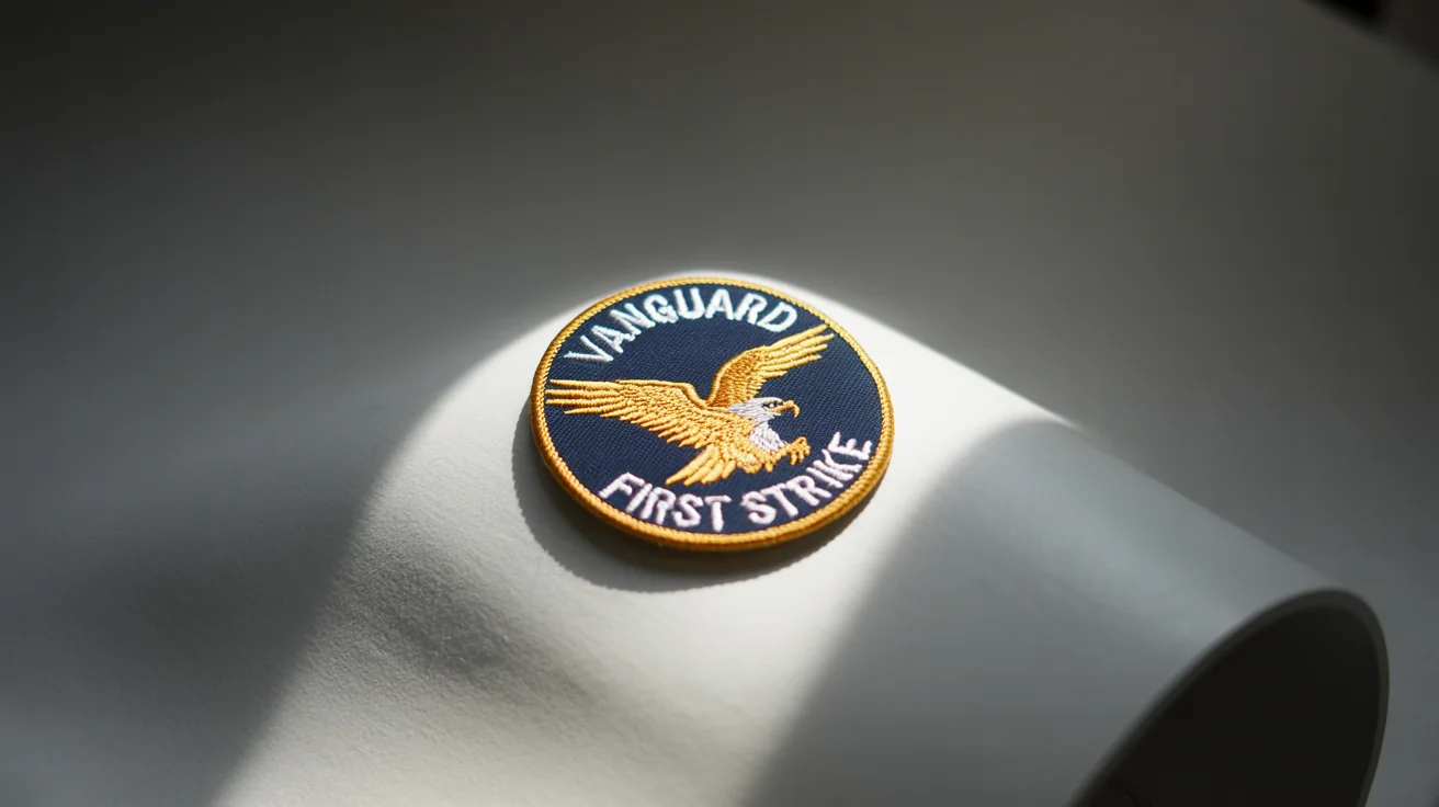 A photorealistic mockup of a circular, embroidered military patch on a white background. The patch is navy blue and gold, featuring an eagle and the words 'VANGUARD' and 'FIRST STRIKE'.