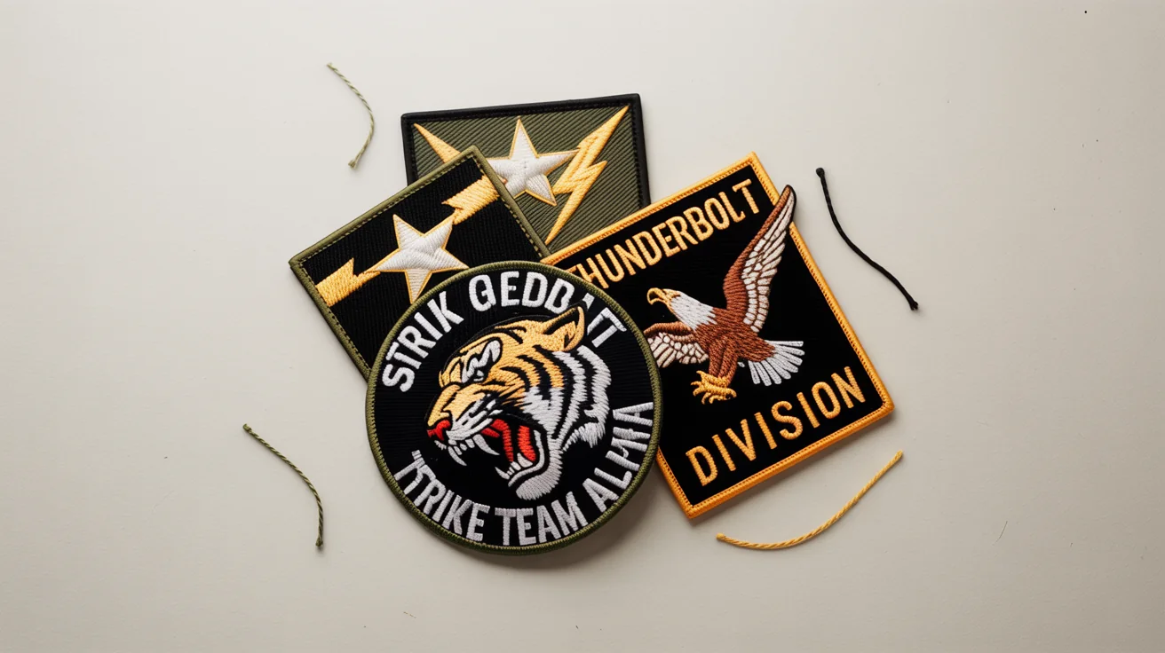 A flat lay image of several custom-designed embroidered military patches on a white background, featuring designs of a tiger, lightning bolts, and an eagle.