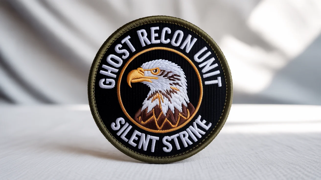 A photorealistic mockup of a circular, embroidered military patch for a fictional 'GHOST RECON UNIT', featuring a detailed eagle and the motto 'SILENT STRIKE', set against a plain white background.