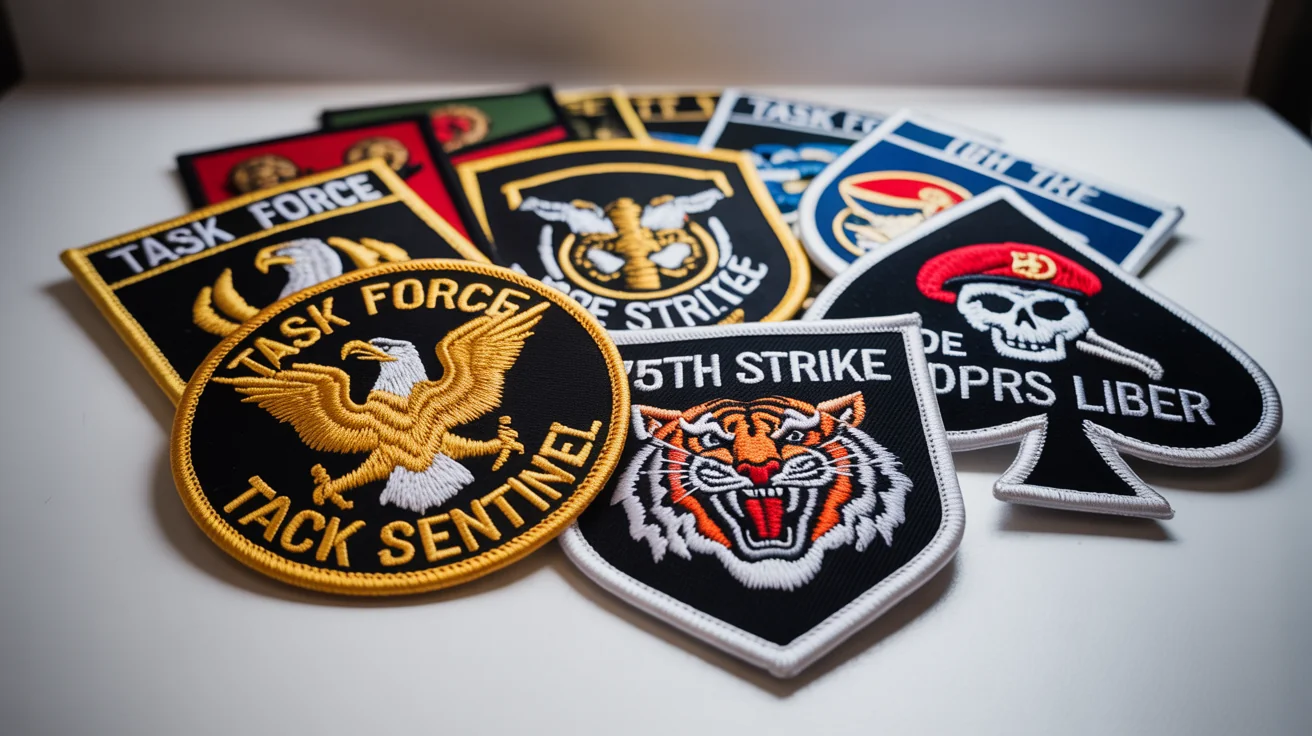 A photorealistic collection of three custom-designed military patches, featuring an eagle, a tiger, and a skull, displayed on a clean white background to showcase their detailed embroidery and quality.