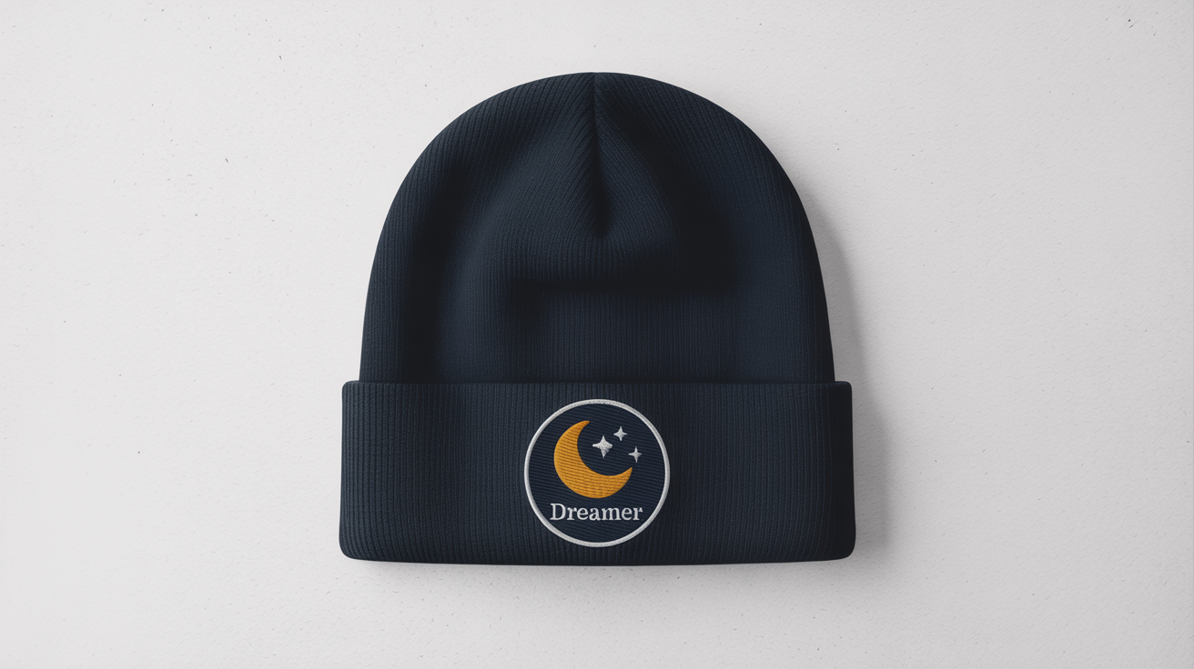 A flat lay image of a custom navy blue beanie on a white background, featuring an embroidered patch of a moon and stars and the word 'DREAMER'.
