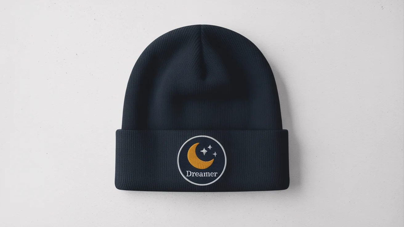 A flat lay image of a custom navy blue beanie on a white background, featuring an embroidered patch of a moon and stars and the word 'DREAMER'.
