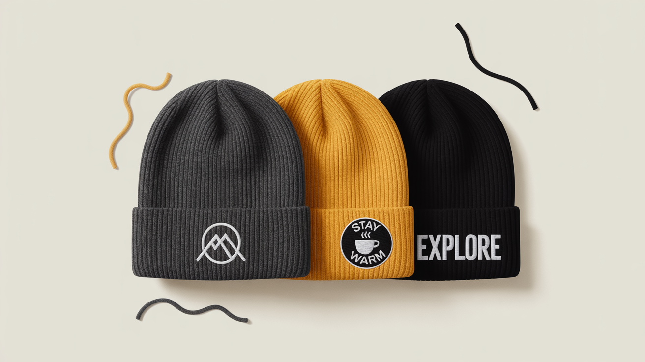 A flat lay photo of three custom beanies on a white background. One is grey with a mountain logo, one is yellow with a coffee patch that says 'STAY WARM', and one is black with the word 'EXPLORE' embroidered on it.