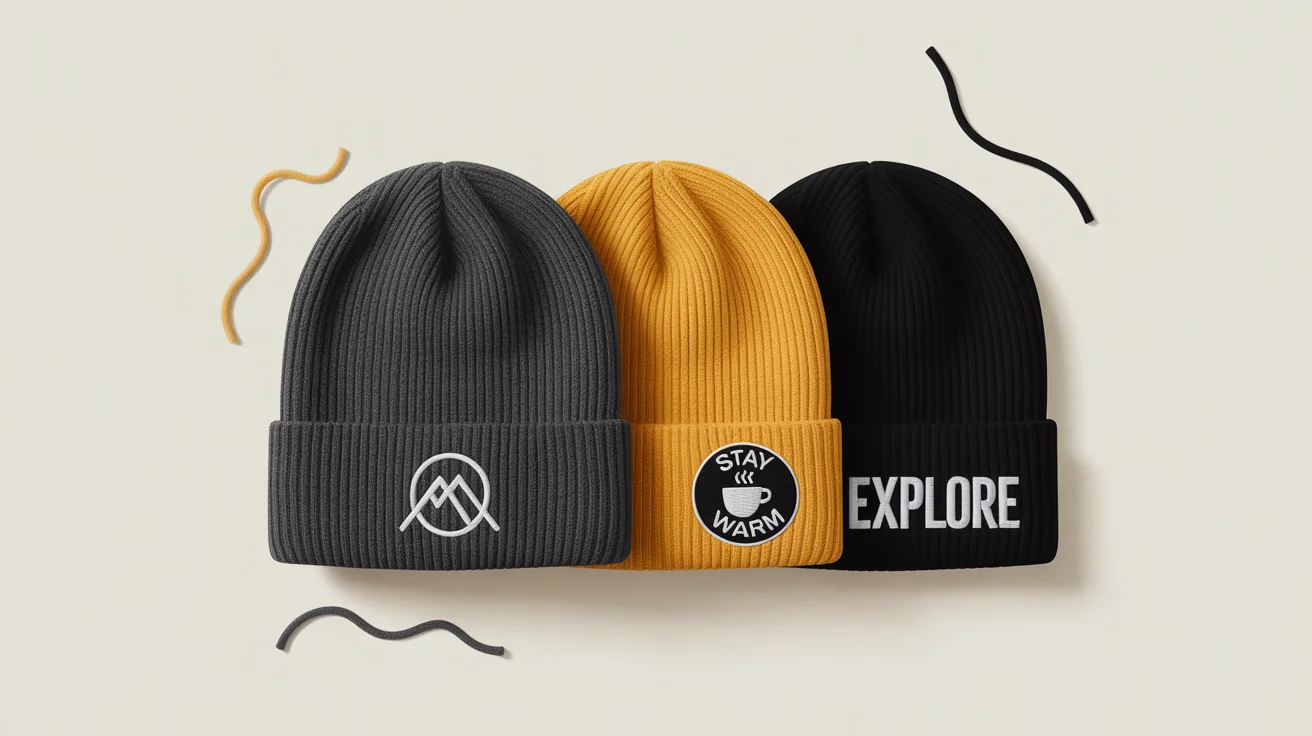 A flat lay photo of three custom beanies on a white background. One is grey with a mountain logo, one is yellow with a coffee patch that says 'STAY WARM', and one is black with the word 'EXPLORE' embroidered on it.