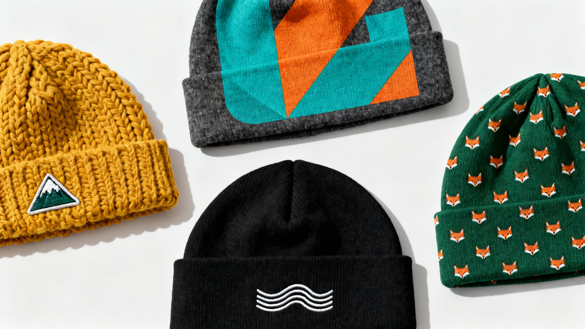 A photorealistic mockup of four unique custom-designed beanies arranged on a white background, highlighting different colors, knit textures, and embroidered designs.